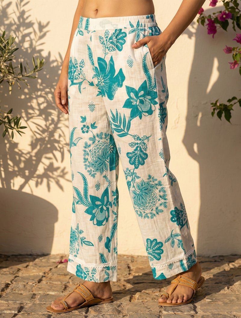 trueBrowns White Blue Floral Print Kurta Pant Set - Image 4
